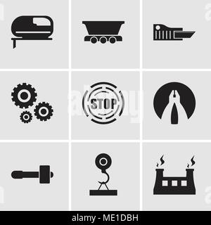Set Of 9 simple editable icons such as fabric & steam, load crane, hammer, flat plyer, stop, settings, cutter, freight wagon, grinder, can be used for Stock Vector