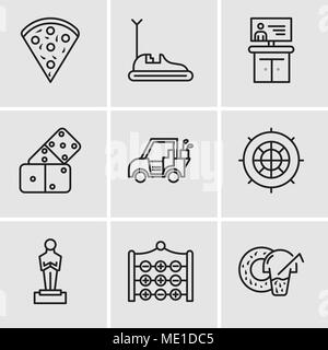 Set Of 9 simple editable icons such as Donut, Tic tac toe, Oscar, Roulette, Golf car, Domino, Tv, Bumper car, Confetti, can be used for mobile, web UI Stock Vector