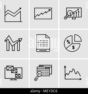 Set Of 9 simple editable icons such as Data, Data search, Monitor analytic, Pie chart information on money, User warning, Chart, Analytics Settings, D Stock Vector