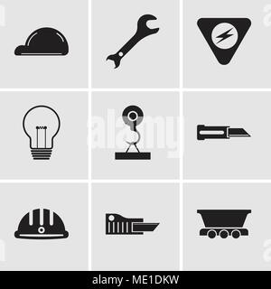Set Of 9 simple editable icons such as freight wagon, cutter, hard hat, knife, load crane, bulb, danger, adjustable wrench, helmet, can be used for mo Stock Vector