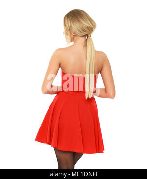 Female Long blonde hair, rear view. Young woman in red dress Stock Photo