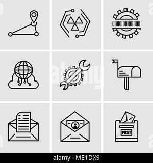 Set Of 9 simple editable icons such as Post box, ID and mail, Email, Mail, Settings, Cloud computing, Binary code, Cells, Pin, can be used for mobile, Stock Vector