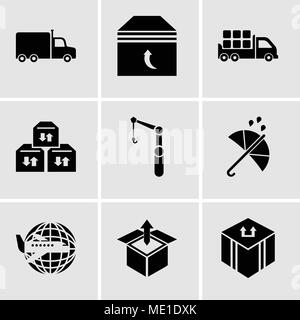 Set Of 9 simple editable icons such as Delivery package, Delivery box package opened with up arrow, Airplane around Earth, Protection, Crane, Three st Stock Vector