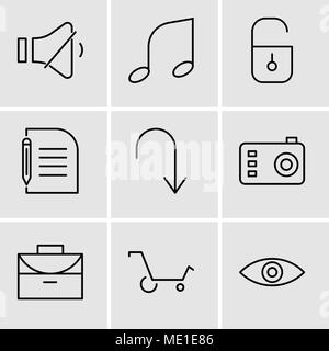 Set Of 9 simple editable icons such as Eye, Shopping cart, Office briefcase, Photo camera, Arrow pointing to down, Piece of paper and pencil, Locked p Stock Vector