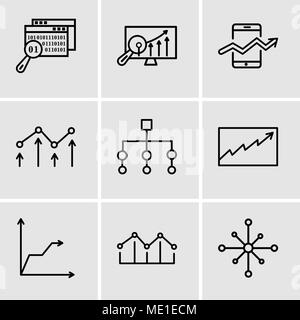 Set Of 9 simple editable icons such as Data analytics wheel, Increasing bars, Triangular pyramid, Data analytics, Flow chart interface, Decreasing cha Stock Vector