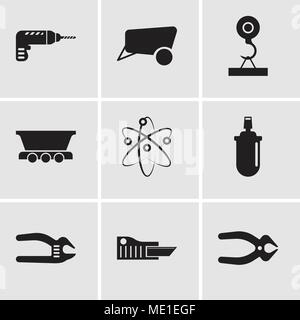 Set Of 9 simple editable icons such as nipper, cutter, adjustable spanner, gas can, Chemical, freight wagon, load crane, dray, drill, can be used for  Stock Vector