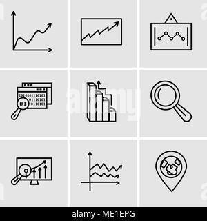 Set Of 9 simple editable icons such as 3d pie chart graphic, variable, Analytics Settings, Magnifier tool, Targeting, Data search, Data analytics scre Stock Vector