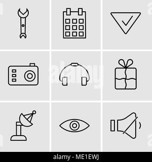 Set Of 9 simple editable icons such as Volume control, Eye, Satellite dish, Bookmark, Telephone handle, Photo camera, Check mark, Calendar with day 5, Stock Vector