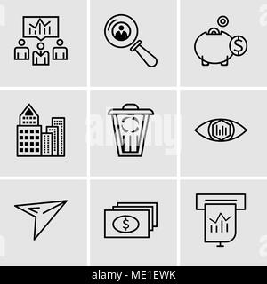 Set Of 9 simple editable icons such as Presentation, dollar, plane, analytic view, trash, building, money box, search person, business men, can be use Stock Vector