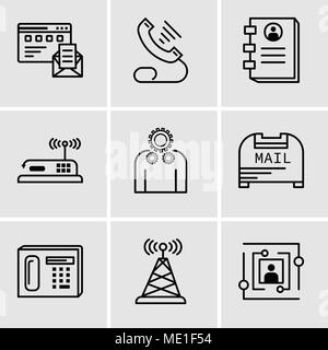 Set Of 9 simple editable icons such as User, Antenna, Phone, Mail box, Settings, Router, Contact book, Telephone, Browser and mail, can be used for mo Stock Vector