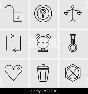 Set Of 9 simple editable icons such as Arrow pointing to up, Dustbin, Heart, Erlenmeyer Flask, Alarm clock, Update arrows, Weighing scale, Question ma Stock Vector