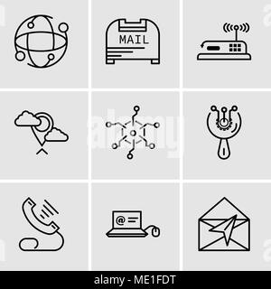 Set Of 9 simple editable icons such as Mail, Mail in laptop, Telephone, Access, Analytics, Placeholder, Router, Mail box, Earth globe, can be used for Stock Vector