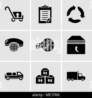 Set Of 9 simple editable icons such as Frontal truck, Three sto boxes for delivery, Delivery truck with packages behind, Box of packing for delivery,  Stock Vector