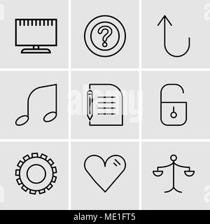 Set Of 9 simple editable icons such as Weighing scale, Heart, Gear, Locked padlock, Piece of paper and pencil, Musical note, Cancel button, Question m Stock Vector