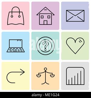 Set Of 9 simple editable icons such as Coverage level, Weighing scale, Arrow pointing to right, Heart, Question mark, Laptop, Closed envelope, Homepag Stock Vector