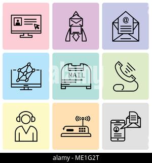 Set Of 9 simple editable icons such as Mail and spartphone, Router, Support, Telephone, Mail box, Hologram, Email, Email, Laptop and cursor, can be us Stock Vector