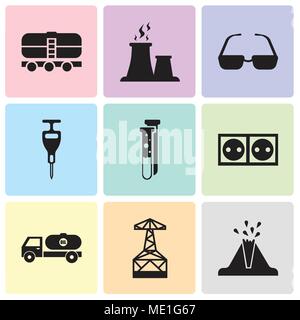 Set Of 9 simple editable icons such as volcano, oil derrick, tipper, socket, capsule, puncher, sunglasses, fabric steam, train, can be used for mobile Stock Vector