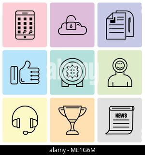 Set Of 9 simple editable icons such as newspaper, cup, headphone, astronaut, bank safe, like, document, Key data, telephone, can be used for mobile, w Stock Vector