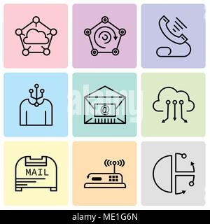 Set Of 9 simple editable icons such as Cube, Router, Mail box, Cloud computing, Mail, Human, Telephone, Radar, Cloud computing, can be used for mobile Stock Vector