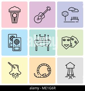 Set Of 9 simple editable icons such as Park, Roller coaster, Lighting, Theater, Dinner, Loudspeaker, Park, Guitar, Popcorn, can be used for mobile, we Stock Vector