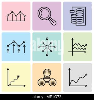 Set Of 9 simple editable icons such as Data wave chart, Pie graphic comparison, Data analytics ascending, variable, Data analytics wheel, Decreasing c Stock Vector