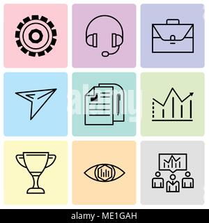 Set Of 9 simple editable icons such as business men, analytic view, cup, statistic, document, plane, portfolio, headphone, setting, can be used for mo Stock Vector