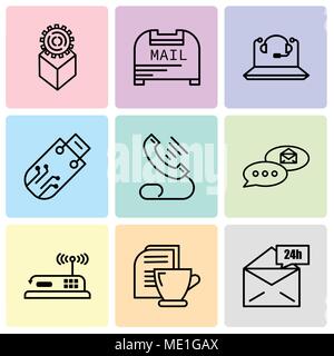 Set Of 9 simple editable icons such as Mail 24 hours, Mail and tea, Router, email chat, Telephone, Pendrive, Call Center, Mail box, Development, can b Stock Vector