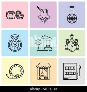 Set Of 9 simple editable icons such as Gaming, Machine, Roller coaster, Bowling, Park, Pizza, Circus, Lighting, Kid, can be used for mobile, web UI Stock Vector