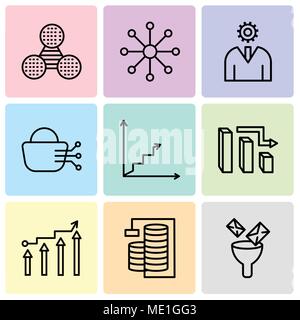 Set Of 9 simple editable icons such as Mail Funneling, Database Analysis, Binary Processed Mobile Analysis, 3d data analytics bars, Data analytics asc Stock Vector