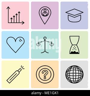 Set Of 9 simple editable icons such as International globe, Question mark, Battery level, Hand pointing to left, Weighing scale, Heart, Add tool, Loca Stock Vector