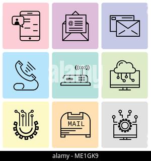 Set Of 9 simple editable icons such as Laptop, Mail box, Settings, Laptop, Router, Telephone, Mail, on mail, Chat in Smartphone, can be used for mobil Stock Vector
