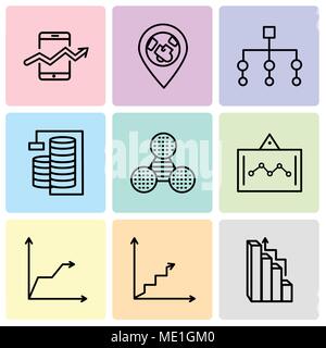 Set Of 9 simple editable icons such as Targeting, Data analytics ascending, Triangular pyramid, Data analytics screen, Pie graphic comparison, Databas Stock Vector