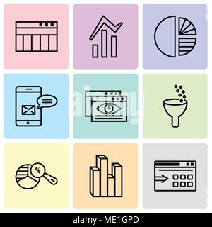 Set Of 9 simple editable icons such as Data export with an arrow, Stream graphic, Pie chart analysis, Data analytics, Data viewer, Data analytics bars Stock Vector