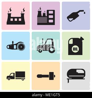 Set Of 9 simple editable icons such as grinder, hammer, truck, oil container, autotruck, electric saw, pump, factory, fabric & steam, can be used for  Stock Vector