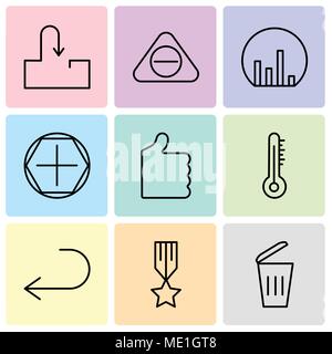 Set Of 9 simple editable icons such as Dustbin, Medal with a star, Arrow pointing to left, Mercury thermometer, Thumb up, Add tool, Bar chart, Subtrac Stock Vector