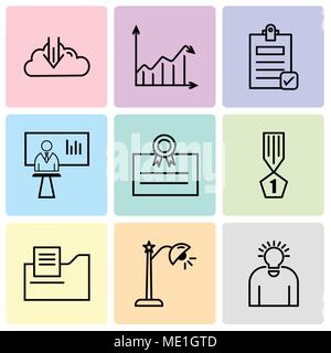 Set Of 9 simple editable icons such as idea, lightbulb, document folder, winner, postcard, news presenter, Check document, Arrow analytc, download, ca Stock Vector