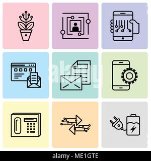 Set Of 9 simple editable icons such as Battery, Transfer, Phone, Setup, Mail, Browser and mail, Smartphone, User, Settings, can be used for mobile, we Stock Vector