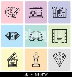 Set Of 9 simple editable icons such as Confetti, Oscar, Clapperboard, Swings, 3d glasses, Casino, Castle, Camera, Donut, can be used for mobile, web U Stock Vector