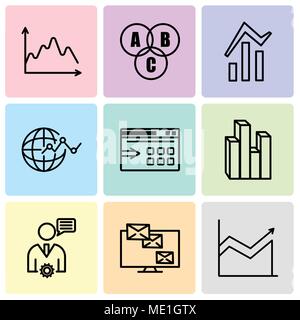 Set Of 9 simple editable icons such as Monitor analytic, Mobile Phone Analitycs, Stream graphic, Data export with an arrow, Flow chart interface, Bars Stock Vector