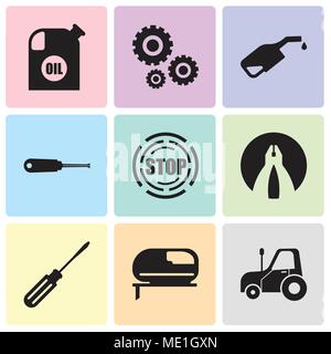 Set Of 9 simple editable icons such as autotruck, jigsaw, screwdriver, flat plyer, stop, turn-screw, pump, settings, oil container, can be used for mo Stock Vector