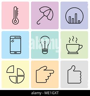 Set Of 9 simple editable icons such as Thumb up, Hand pointing to right, Pie chart, Cup of hot coffee, Light bulb, Tablet, Bar chart, Open umbrella, M Stock Vector
