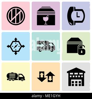 Set Of 9 simple editable icons such as Boxes piles sto inside a garage for delivery, Up arrows couple, Delivery truck, Locked package, Logistics truck Stock Vector