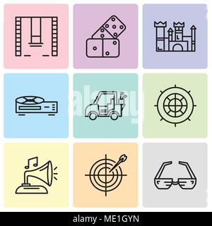 Set Of 9 simple editable icons such as 3d glasses, Darts, Gramphone, Roulette, Golf car, Video recorder, Castle, Domino, Swings, can be used for mobil Stock Vector