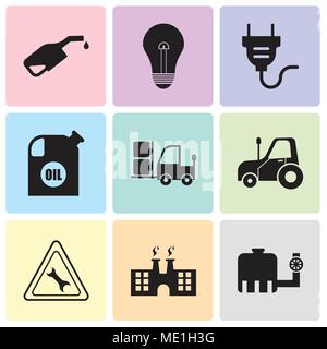 Set Of 9 simple editable icons such as tipper, factory, wrench, autotruck, truck, oil container, electrical plug, bulb, pump, can be used for mobile,  Stock Vector