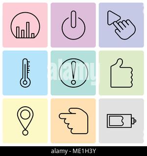 Set Of 9 simple editable icons such as Magic wand, Hourglass, Location pointer, Thumb up, Caution, Mercury thermometer, Selection Tool, Power button,  Stock Vector