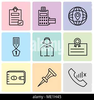 Set Of 9 simple editable icons such as slow network, nail, purse, postcard, business woman, winner, location, pos terminal, Check document, can be use Stock Vector