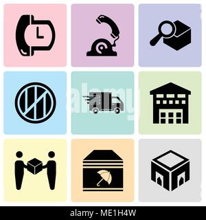 Set Of 9 simple editable icons such as Delivery box, Delivery package with umbrella, Delivery worker giving a box to a receiver, Boxes piles sto insid Stock Vector