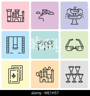 Set Of 9 simple editable icons such as Glasses, House, Cards, 3d glasses, Mountains, Swings, Fountain, Kite, Castle, can be used for mobile, web UI Stock Vector