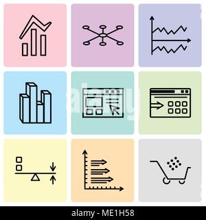 Set Of 9 simple editable icons such as Cart graphic, Bars, Sun Flare, Data export with an arrow, Data import interface, Stream graphic, Chart, Data co Stock Vector