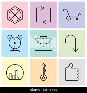 Set Of 9 simple editable icons such as Thumb up, Mercury thermometer, Bar chart, Arrow pointing to down, Office briefcase, Alarm clock, Shopping cart, Stock Vector